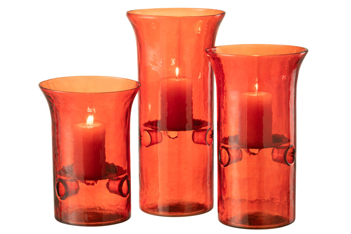 J-line - Set Van Drie Kaarshouder Bord Glas|metaal Rood - 15x15x21cm
