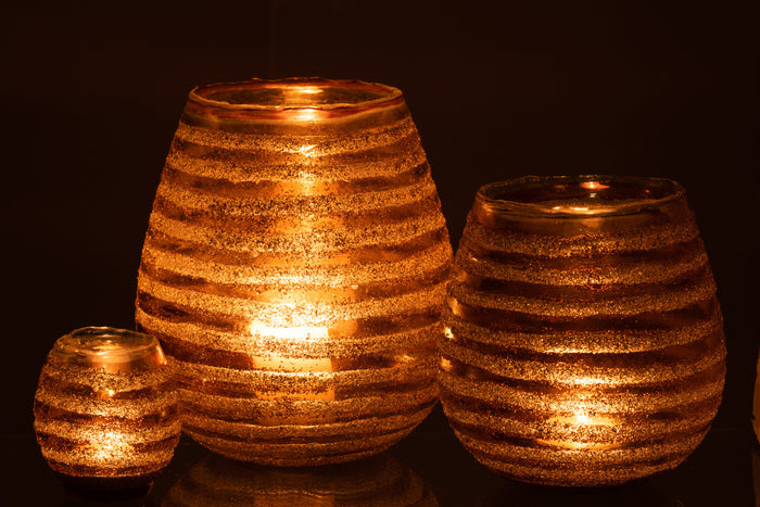 J-line - Theelichthouder Streep Rond Glas Bruin Large - 20x20x23cm