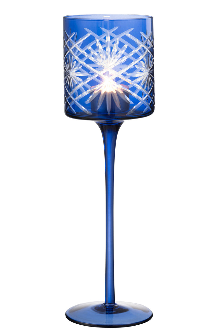 J-line - Theelichthouder Op Voet Santorini Glas Blauw Large - 9x9x30cm