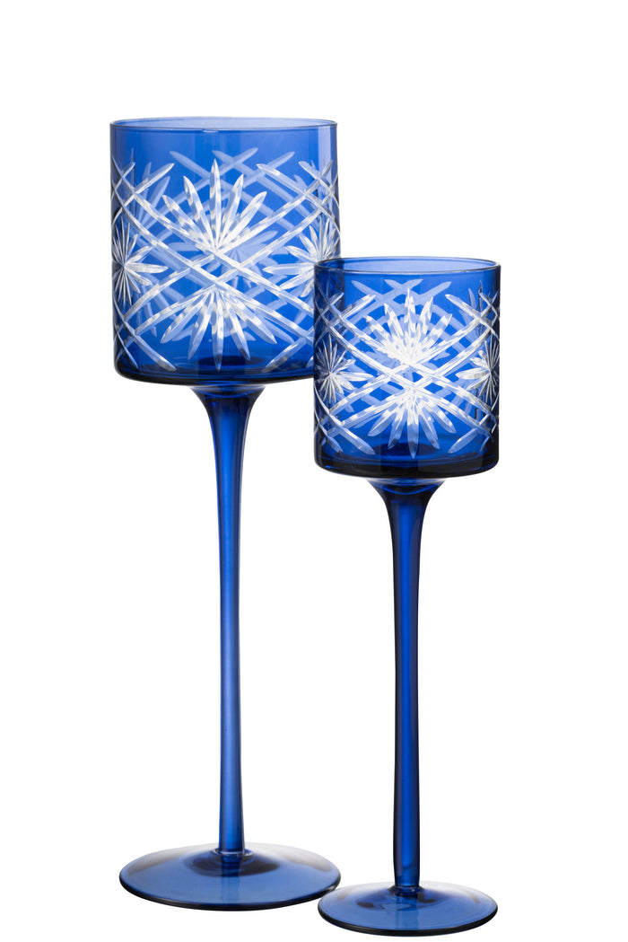 J-line - Theelichthouder Op Voet Santorini Glas Blauw Large - 9x9x30cm