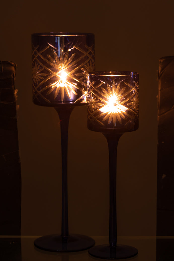 J-line - Theelichthouder Op Voet Santorini Glas Blauw Large - 9x9x30cm