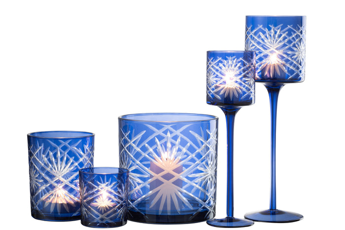 J-line - Theelichthouder Op Voet Santorini Glas Blauw Large - 9x9x30cm
