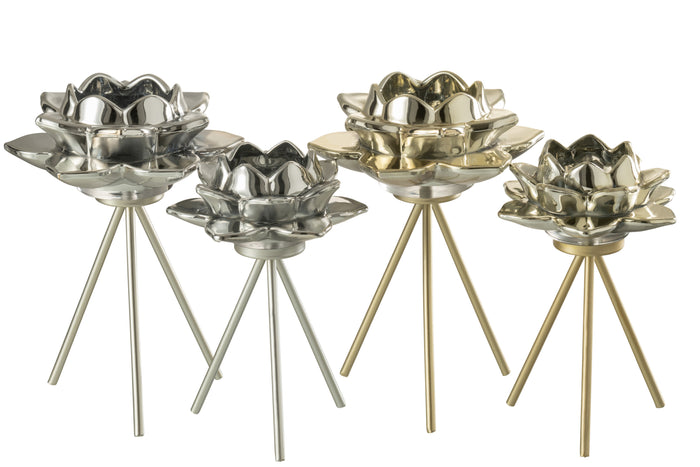 J-line - Theelichthouder Voet Bloem Glas Goud Large - 14.5x14.5x21cm