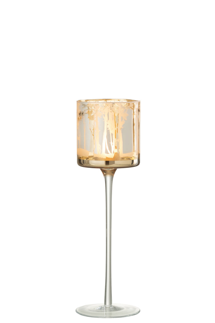 J-line - Theelicht Houder Op Voet Bomen Glas Goud Large - 9x9x30cm