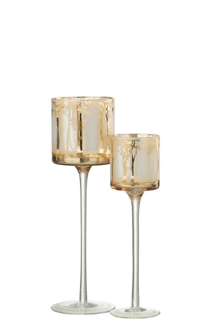 J-line - Theelicht Houder Op Voet Bomen Glas Goud Large - 9x9x30cm