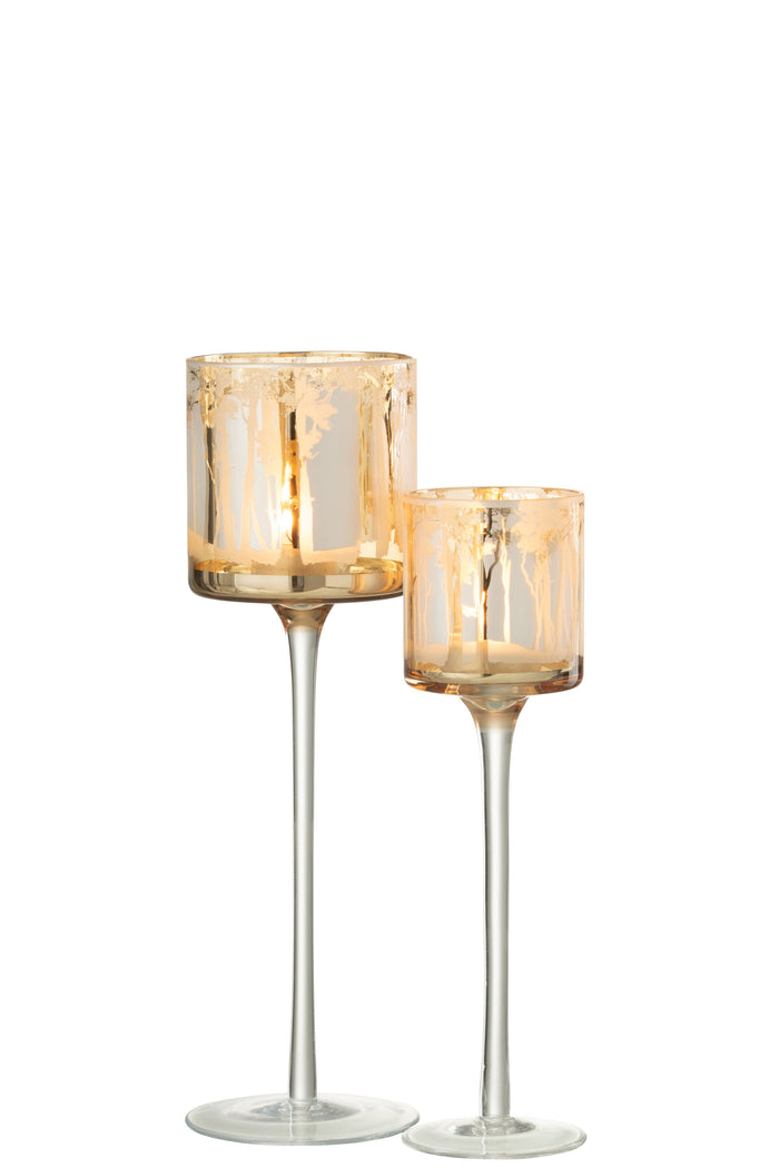 J-line - Theelicht Houder Op Voet Bomen Glas Goud Large - 9x9x30cm
