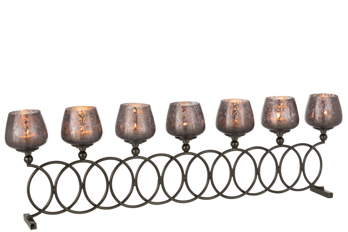 J-line - Theelichthouder 8 Ringen Craquele Glas Grey - 72x9x22cm