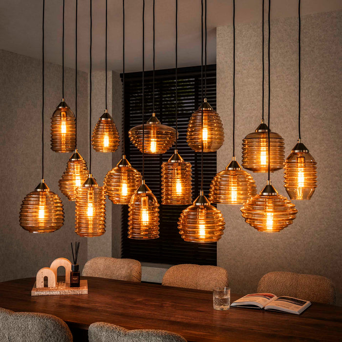 Fraaai Dewey hanglamp 5+5+5 rib glas - amber color glas