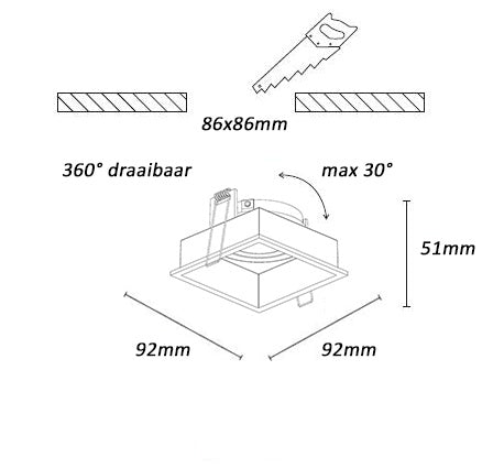 Artdelight Inbouwspot Rex Vierkant Zwart GU10 Verdiept Kantelbaar