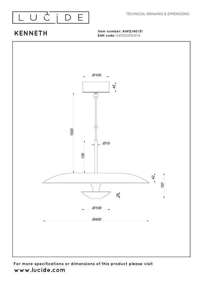 Lucide Premium KENNETH Hanglamp - Wit