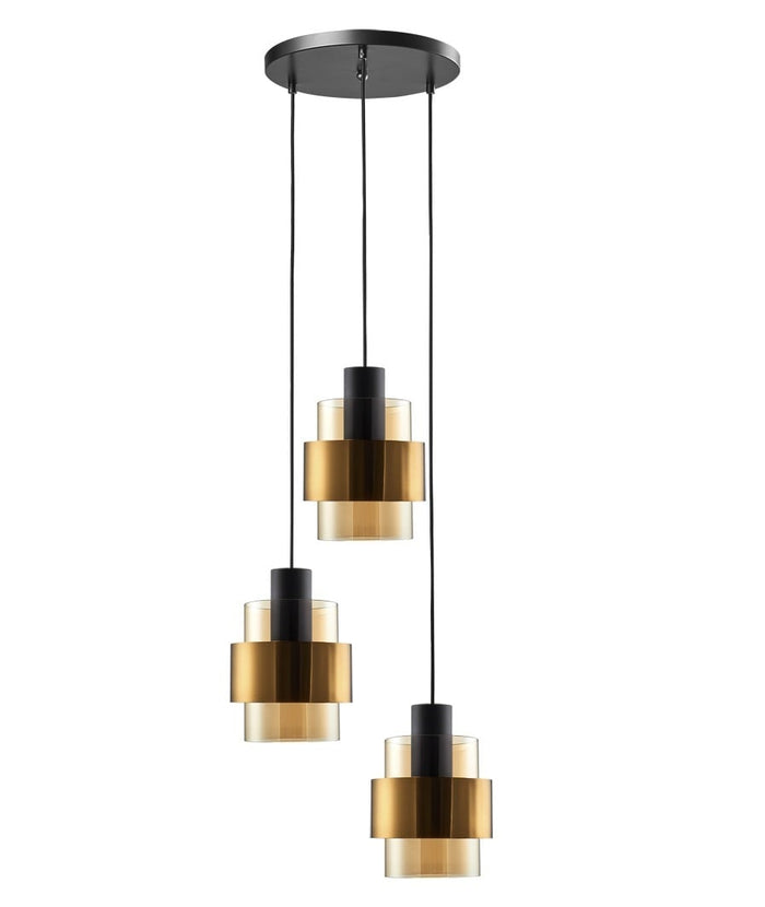 Freelight Hanglamp Chiasso Zwart Goud & Amber Glas 3 Lichts Rond Ø