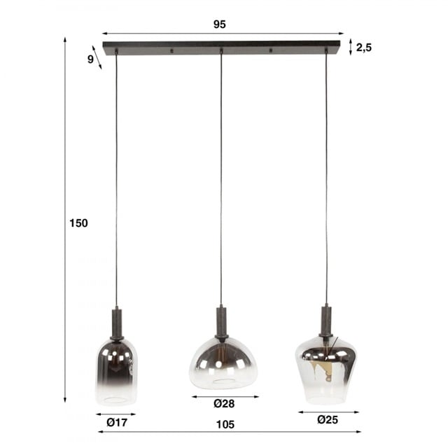 LT-Luce Hanglamp Zenith Mix Zwart - Smoke Glas 3 Lichts