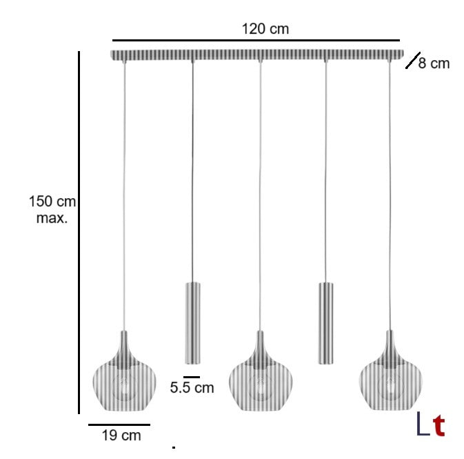 Freelight Hanglamp Fresu Glas Ø 19 cm & Koker Ø 5.5 cm 5 Lichts Balk
