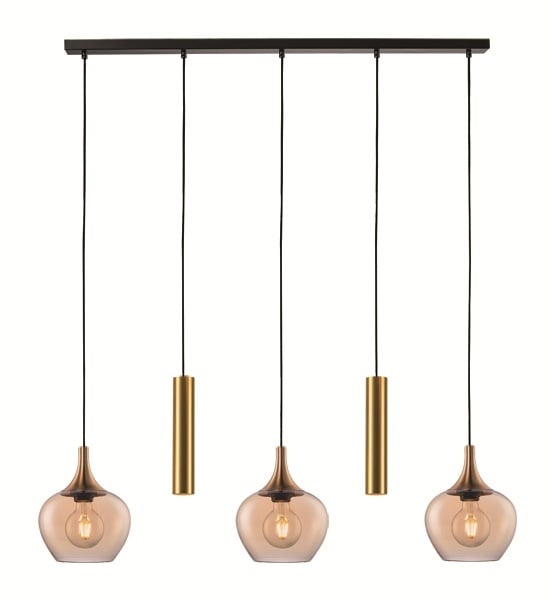 Freelight Hanglamp Fresu Glas Ø 19 cm & Koker Ø 5.5 cm 5 Lichts Balk