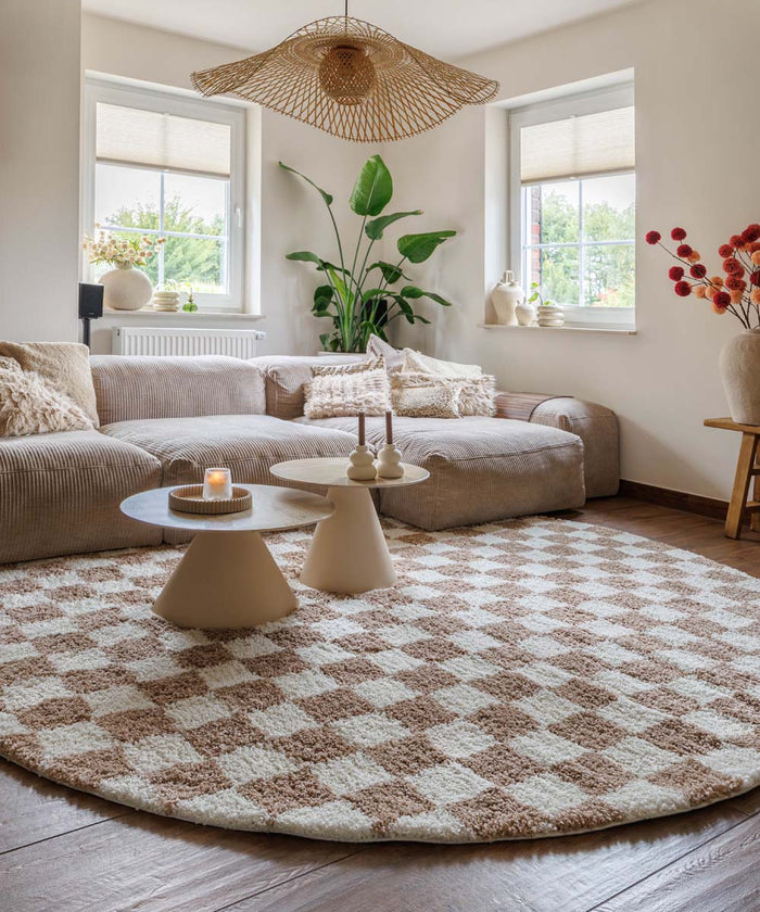 Boho&me Rond checkerboard vloerkleed - Check ivoor|beige - 200 cm
