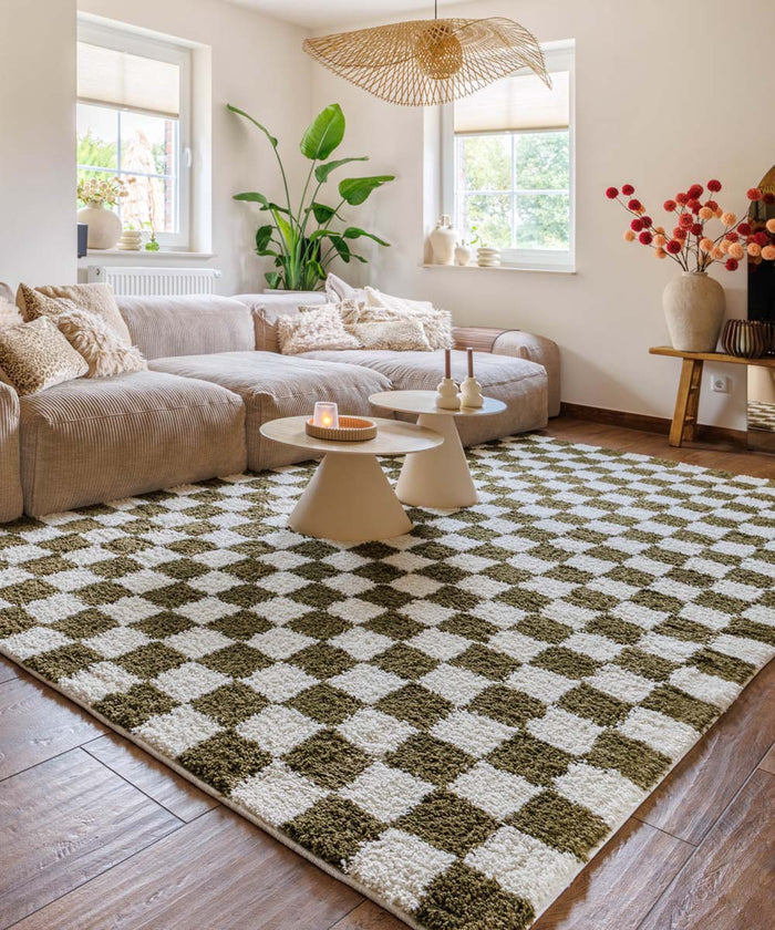 Boho&me Checkerboard vloerkleed - Check ivoor|olijfgroen - 240x340 cm