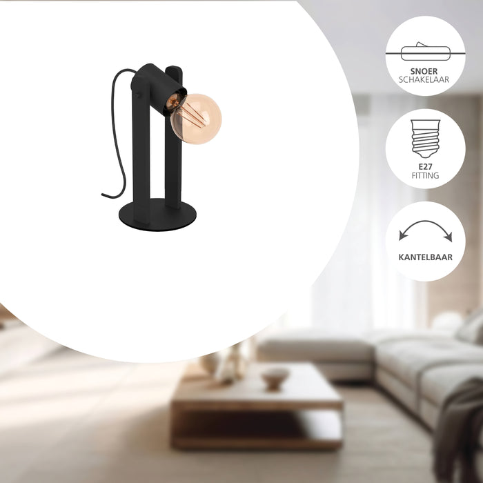 EGLO Plimsoll Tafellamp - E27 - 25,5 cm - Zwart - Hout