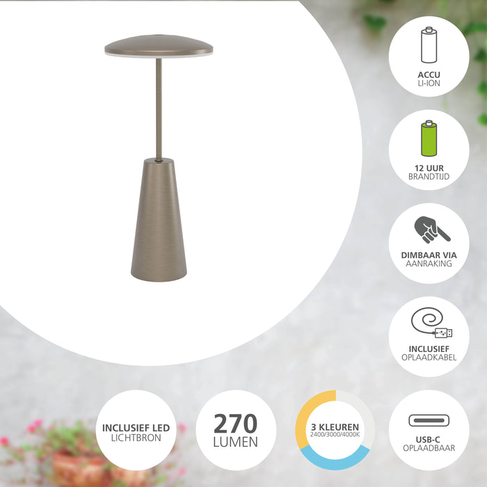 EGLO Piccola Tafellamp - Draadloos - 28 cm - Donker Brons