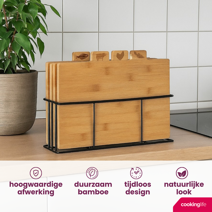 Cookinglife Snijplankenset Bamboe met houder 5-delig