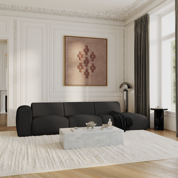 Linker 5-zitsbank in donker antraciet bouclé stof, 310 cm