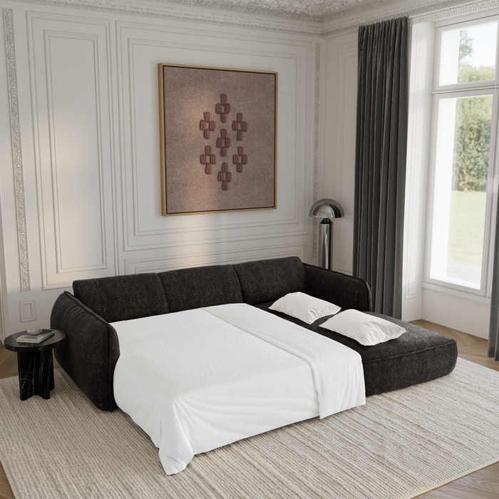 Rechterhoekbank met slaapfunctie, 4 zitplaatsen, zwart geweven fluweel