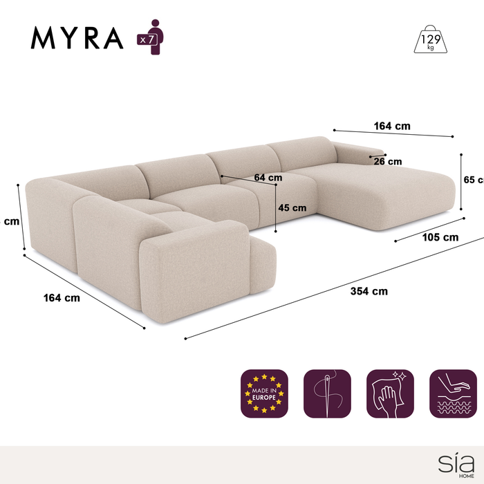 7-zits rechte panoramische bank in fluweel met crèmepatroon