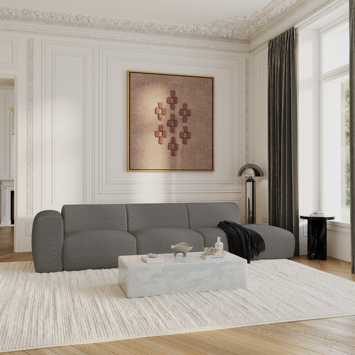 Linker 5-zitsbank, grafietgrijze boucléstof, 310 cm