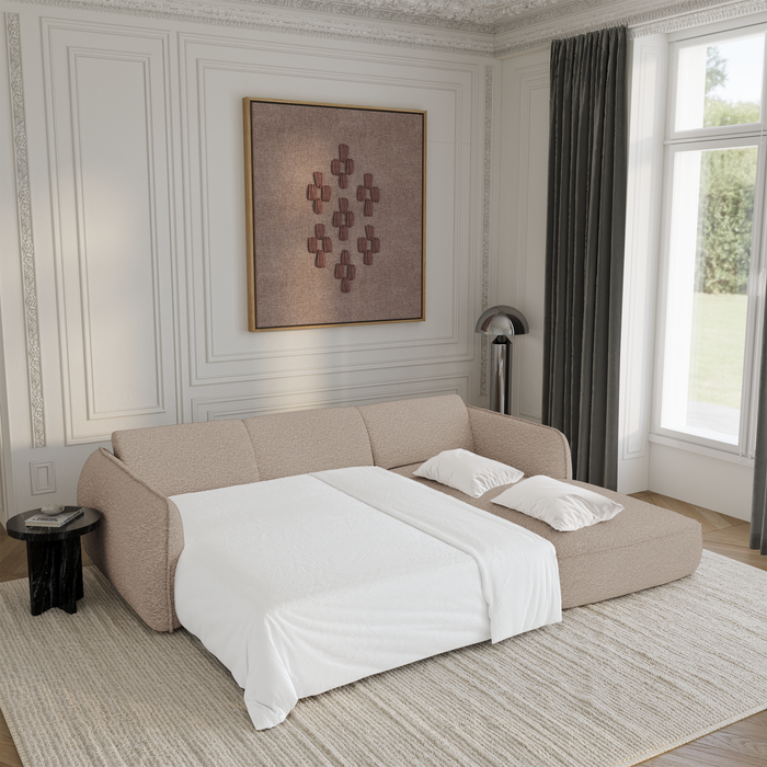 Hoekbank met slaapfunctie rechts, 4 zitplaatsen, beige bouclé stof