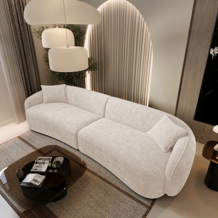 4-zitsbank in crèmekleurig fluweel met reliëfdruk