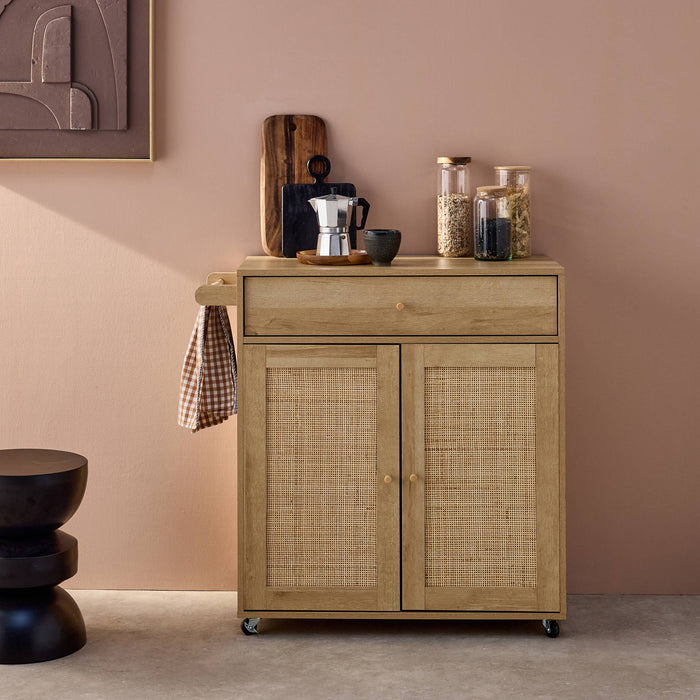 sweeek - Keukentrolley met houten decor en rotan, 1 handgreep, 1 lade,