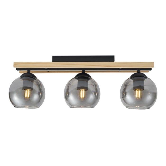 QAZQA Moderne plafondlamp zwart met hout en smoke glas 3-lichts -