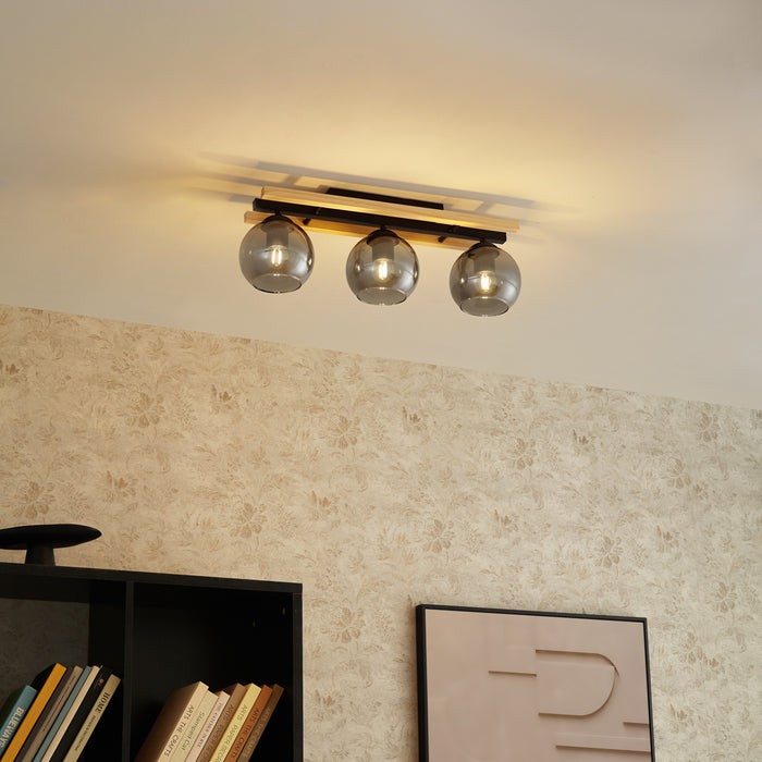 QAZQA Moderne plafondlamp zwart met hout en smoke glas 3-lichts -