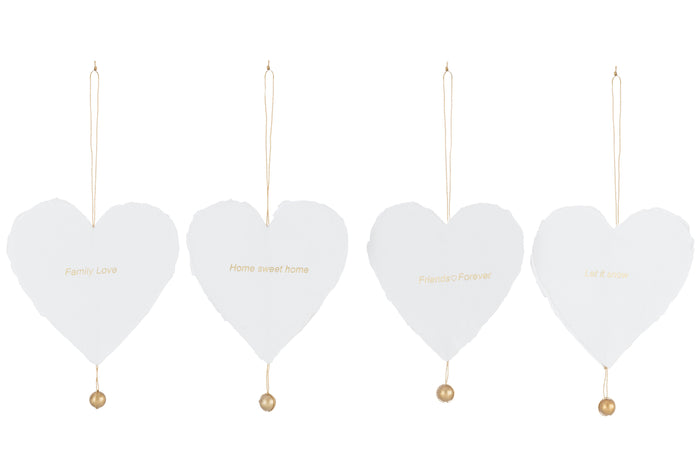 J-Line hanger Hartjes 4 tekst - katoen maché - wit|goud - doos van 5