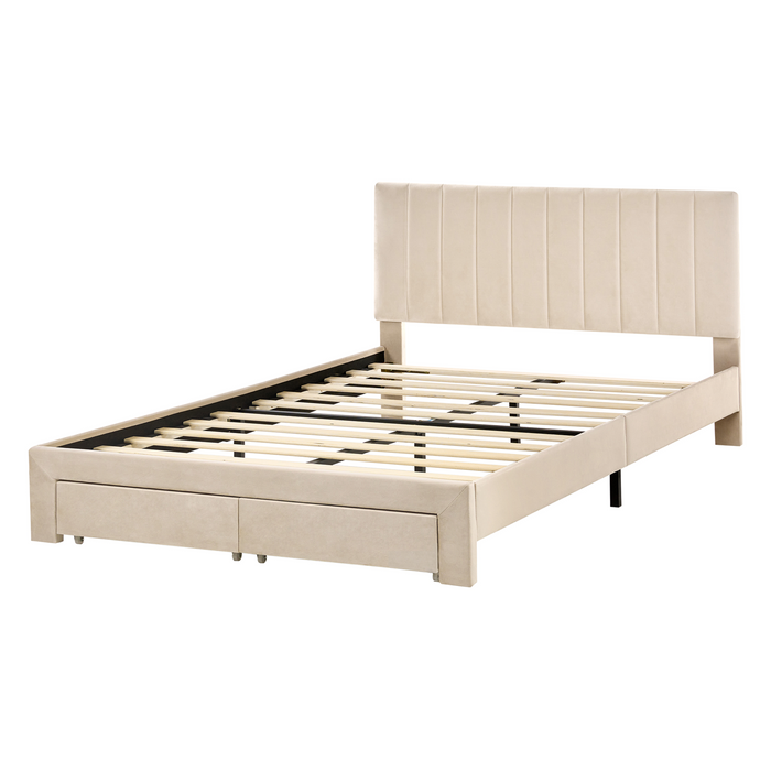 Beliani-LONZAC-Bed met opbergruimte-Beige-140 x 200 cm-Fluweel