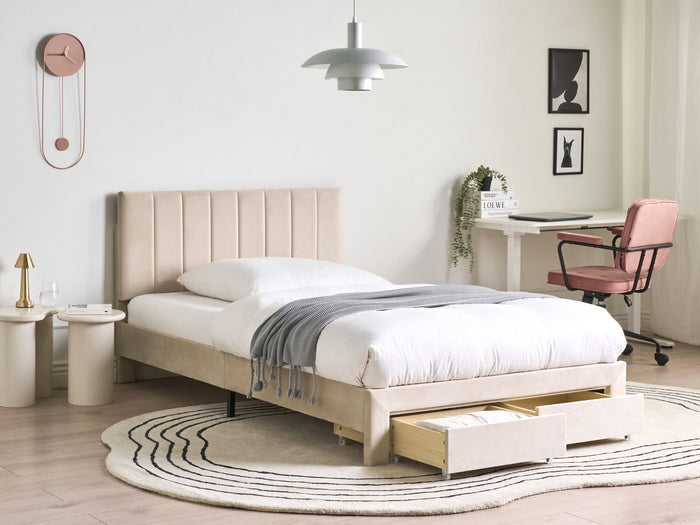 Beliani-LONZAC-Bed met opbergruimte-Beige-120 x 200 cm-Fluweel