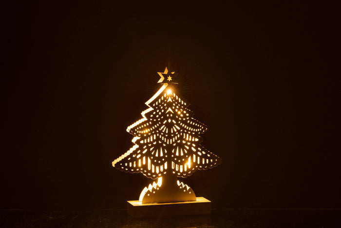 J-Line decoratie Kerstboom - hout - wit - large - LED lichtjes