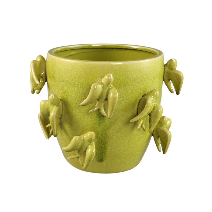 PTMD Emmelyn Green Round Ceramic Glazed Pot Birds L