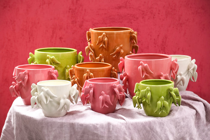 PTMD Emmelyn Green Round Ceramic Glazed Pot Birds L