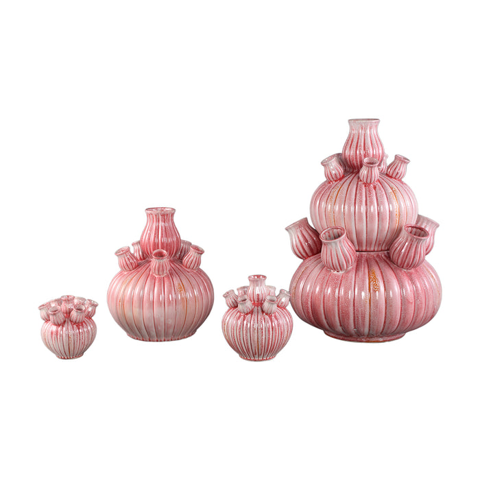 PTMD Nolou Pink Ceramic Tulip Vase Ribbed Round L