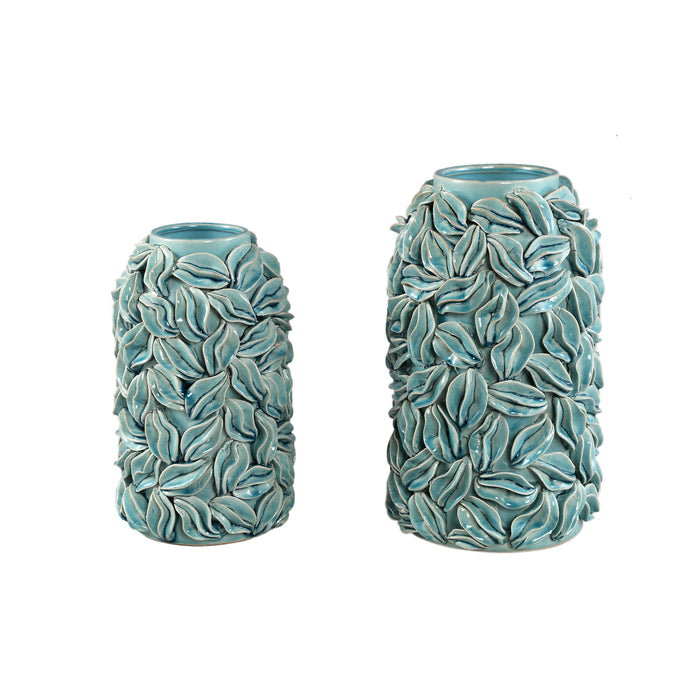 PTMD Zubeda Blue Round Glazed Ceramic Pot With Leaves L