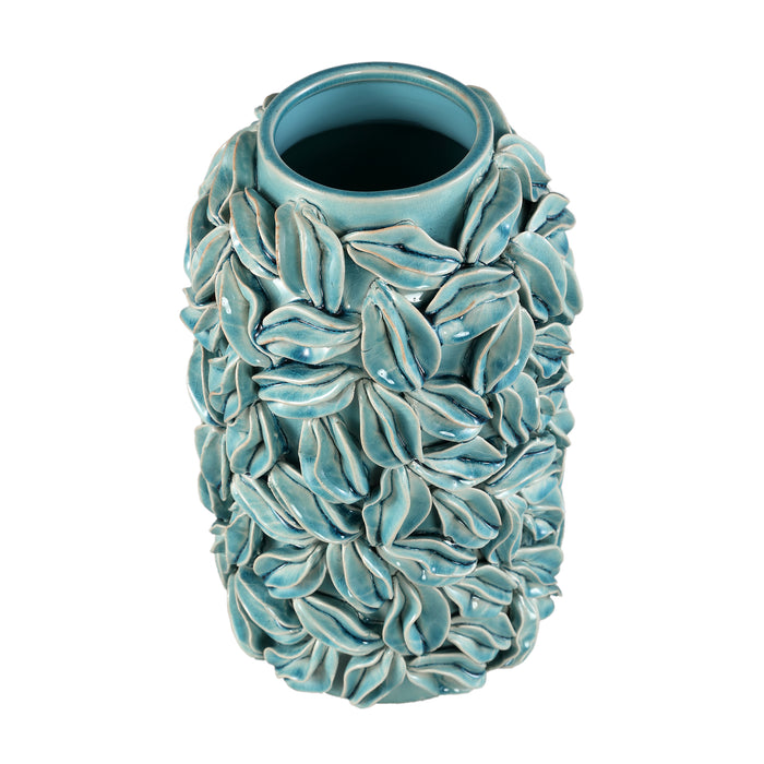 PTMD Zubeda Blue Round Glazed Ceramic Pot With Leaves L