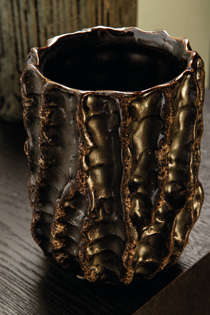 PTMD Vikton Brown Round Ceramic Pot Rough Pattern XL