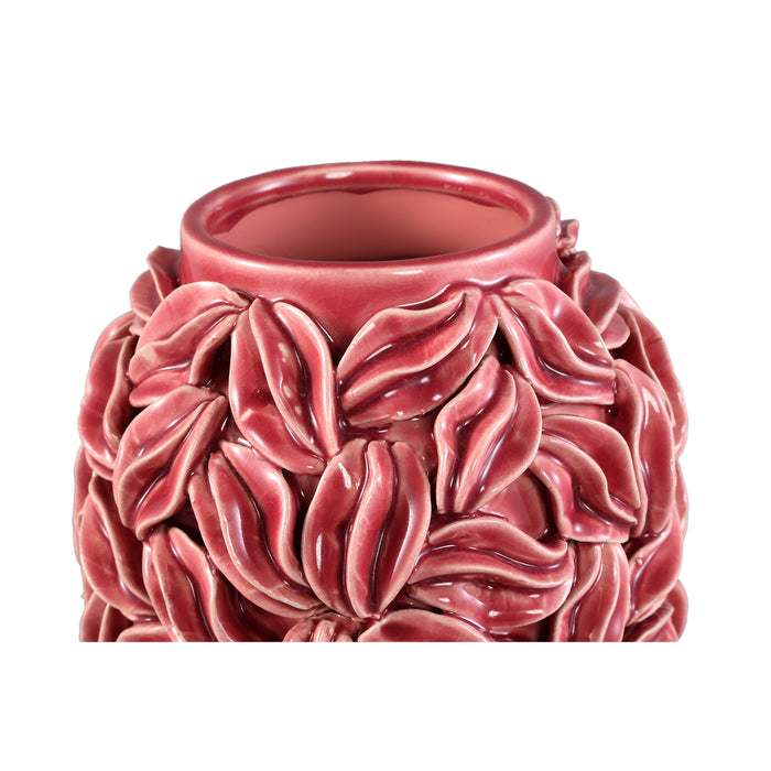 PTMD Zubeda Pink Round Glazed Ceramic Pot With Leaves L