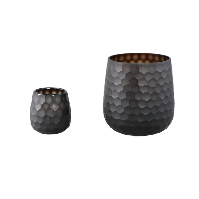 PTMD Lavanya Brown Carved Glass Round Vase Ribbed High