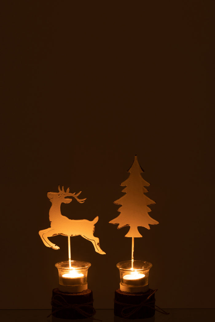 J-Line theelichthouder Boom|Rendier - glas|hout - wit|bruin