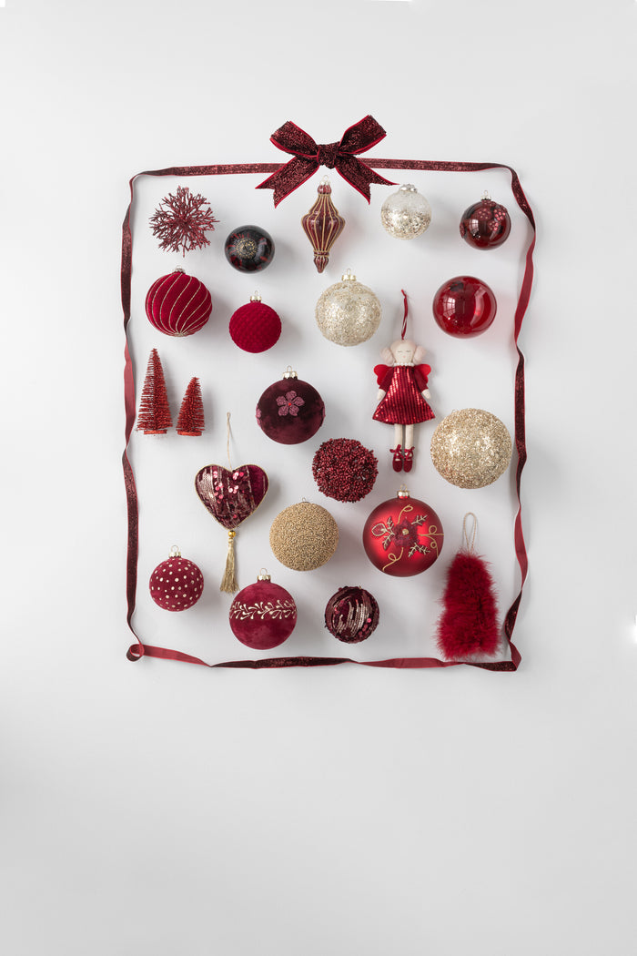 J-Line kerstbal Lijnen|Geruit - fluweel - rood|goud - doos van 4