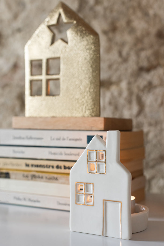 J-Line theelichthouder Huis - keramiek - wit - 2 stuks