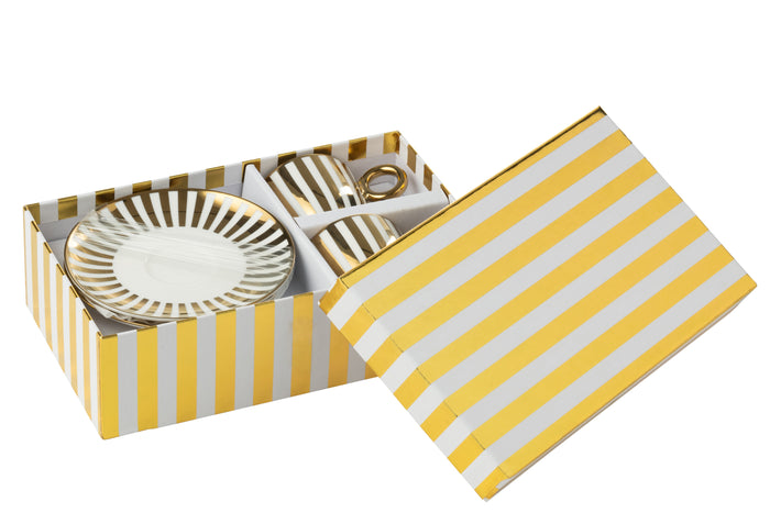 J-Line kopje + schoteltje Gestrepen - porselein - goud|wit -