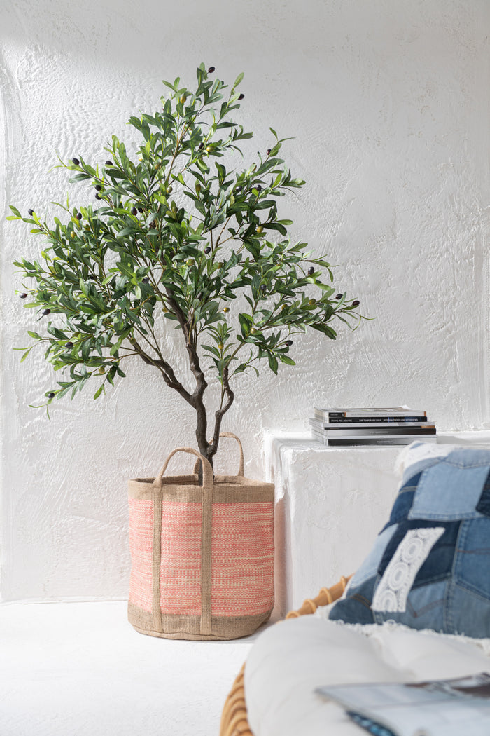 J-Line mand Rond Met Handvaten - jute - naturel|roze