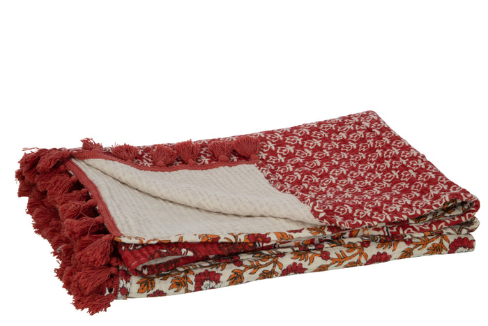 J-Line Plaid bloemen - katoen - rood - 180 x 130 cm